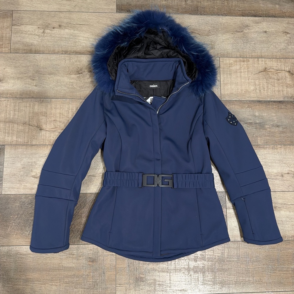 Ogier Aspen belted ski jacket with fur hood in navy blue